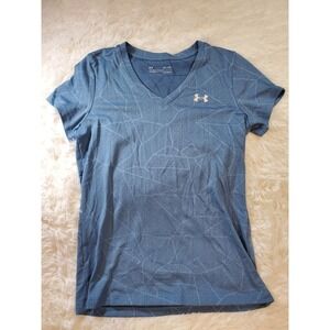 Under Armour Shirt Womens Small Blue Heat Gear Loose V-Neck Running Breathable